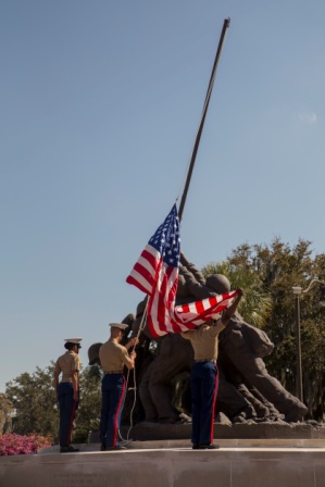 Marines of Headquarters and Service Battalion unveil the iconic Iwo Jima statue March 14, 2016, on Parris Island, S.C., after renovations were recently completed. (Photo by Sgt. Jennifer Schubert)