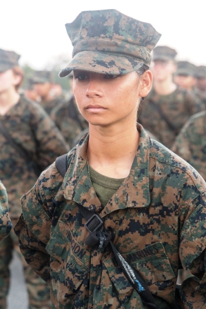 PFC Kaia M. Nacion stands during an emblem ceremony, Oct. 29, 2016 (Photo by Lance Cpl. Carlin Warren)