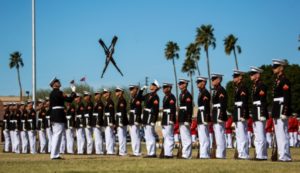 The U.S. Marine Corps Silent Drill Platoon, Marine Barracks Washington, D.C., perform during the Battle Color Ceremony at Marine Corps Air Station Yuma, Ariz., March 2, 2017. The ceremony was held to celebrate Marine Corps history using music, marching and precision drill. (by Lance Cpl. Christian Cachola)