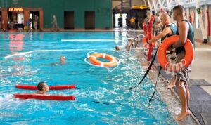 A Marine recruit with Fox Company, 2nd Recruit Training Battalion, conducts swim qualification at the combat training pool. (U.S. Marine Corps Photo by Cpl. Shane Manson)