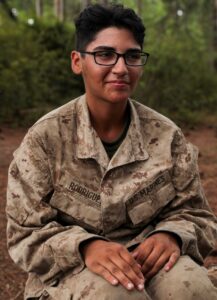 Rct. Shya Rodriguez, with Oscar Company, 4th Recruit Training Battalion, poses for a portrait on Marine Corps Recruit Depot Parris Island S.C. Rodriguez and her twin brother Rafael shipped to recruit training together to earn the title Untied States Marine. (U.S. Marine Corps photo by Lance Cpl. Michelle Brudnicki)