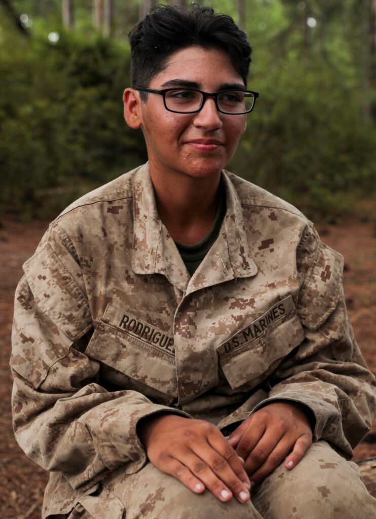Rct. Shya Rodriguez, with Oscar Company, 4th Recruit Training Battalion, poses for a portrait on Marine Corps Recruit Depot Parris Island S.C. Rodriguez and her twin brother Rafael shipped to recruit training together to earn the title Untied States Marine. (U.S. Marine Corps photo by Lance Cpl. Michelle Brudnicki)