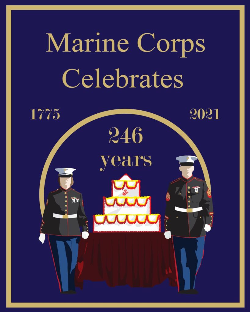 Marine Corps Recruit Depot Parris Island celebrates the 246th Marine Corps birthday on Nov. 10, 2021. This graphic depicts Marines escorting the birthday cake; a tradition that takes place every year during the ceremony. This graphic was designed at Marine Corps Recruit Depot, Parris Island, South Carolina, Nov. 6, 2021. (U.S. Marine Corps graphic by Lance Cpl. Marcel K. Gorka)