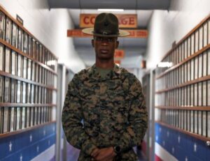 Gunnery Sgt. Dominick Dickson, with Drill Instructor School, poses for a photo on Parris Island. A drill master is a subject matter expert in the instruction, execution, and evaluation of ceremonial drill. (U.S. Marine Corps photo by Lance Cpl. Michelle Brudnicki)
