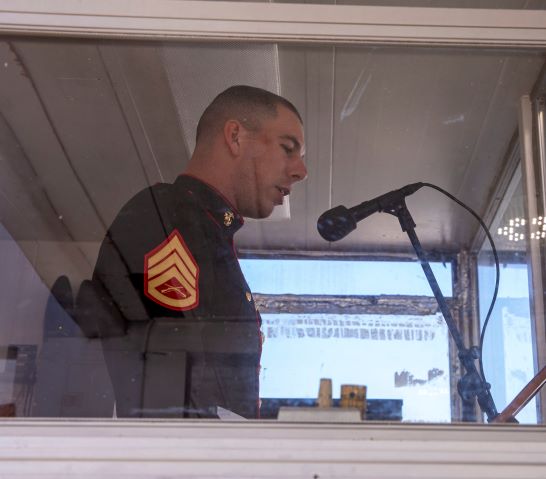 Staff Sgt. Mark Gulotta,, narrates a recruit graduation on Marine Corps Recruit Depot, Parris Island, S.C. Gulotta completed his first graduation ceremony on February 25. (U.S. Marine Corps photo by Lance Cpl. Michelle Brudnicki)