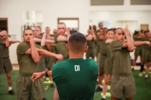 Recruits with Romeo Company, Support Training Battalion, participate in physical training. (U.S. Marine Corps Photo by Sgt. Ryan Hageali)