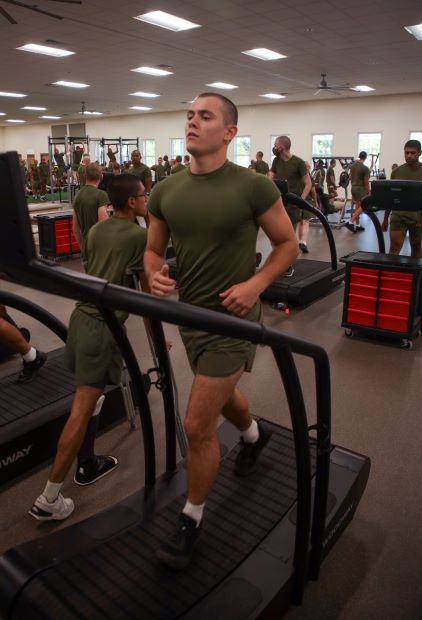 A recruit with Romeo Company, Support Training Battalion, participates in physical training. (U.S. Marine Corps Photo by Sgt. Ryan Hageali)