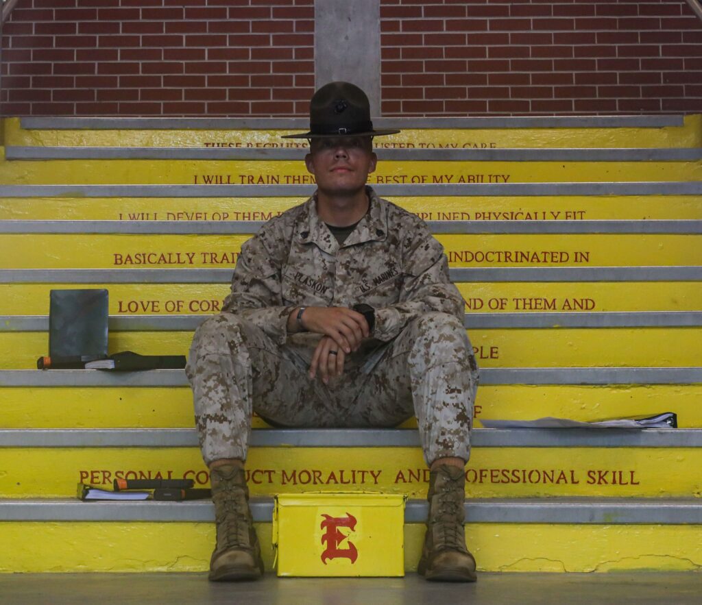 U.S. Marine Corps drill instructor Sgt. Sam Plaskon poses for a photo aboard Marine Corps Recruit Depot Parris Island. (U.S. Marine Corps photo by Lance Cpl. Dakota Dodd)
