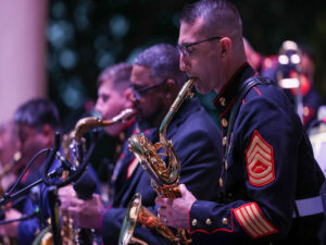 U.S. Marine Corps Staff Sgt. Carlos Ortiz, the music technical assistant for 6th Marine Corps District, and Evan Nazario, a Music Enlistment Option Program candidate. (U.S. Marine Corps photo by Lance Cpl. Kevin Lopez Herrera)