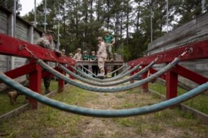 U.S. Marine Officer Candidates, with 6th Marine Corps District, discuss their plan for an obstacle in the Leadership Reaction Course. (U.S. Marine Corps photo by Staff Sgt. Shannon Doherty)